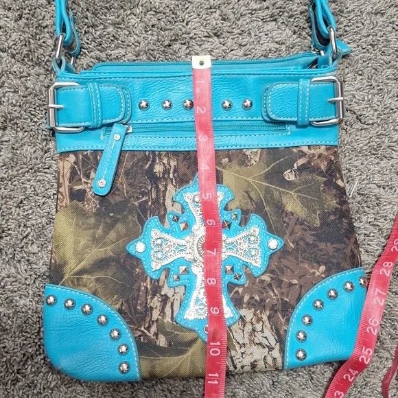 Faux leather and camouflage canvas studded rhinestone crossbody bag - teal/green - Picture 9 of 12
